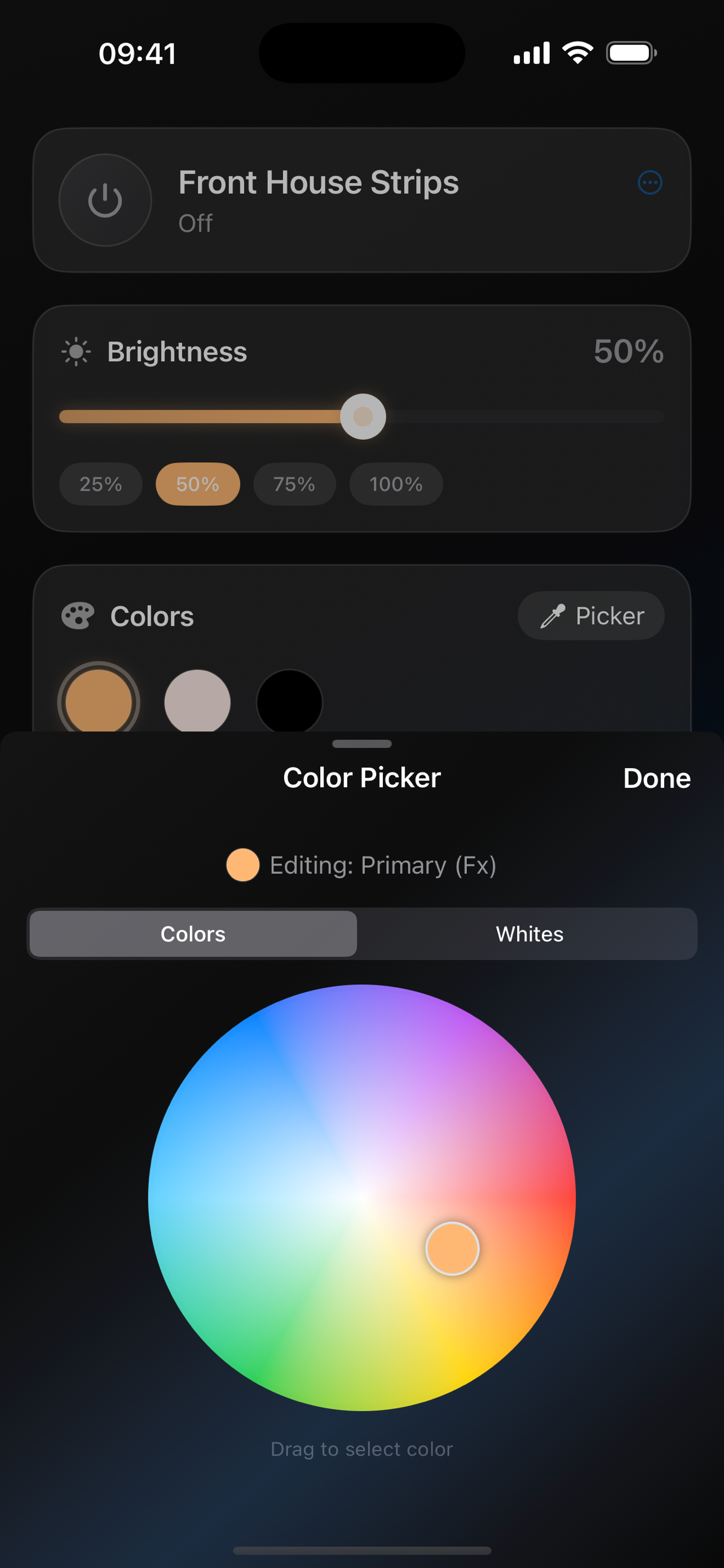 RGB color picker wheel in WLED Max app for LED strip color selection