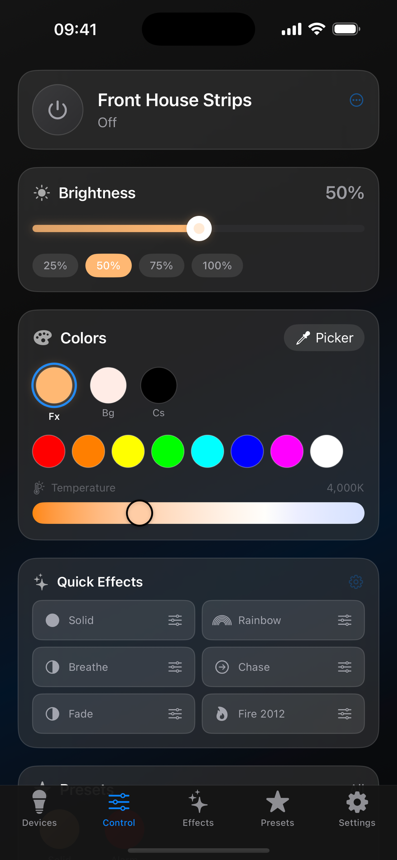 WLED Max real-time LED control with brightness slider and quick effects