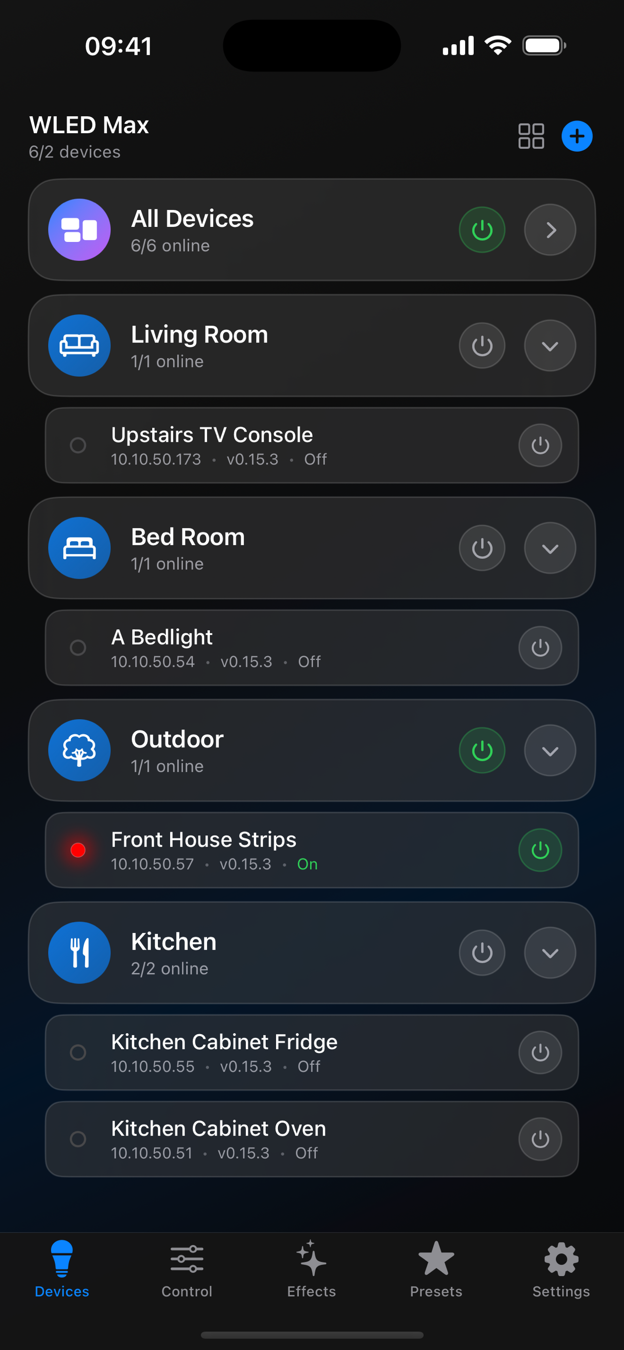 WLED Max app showing device list with room groups for LED strip management