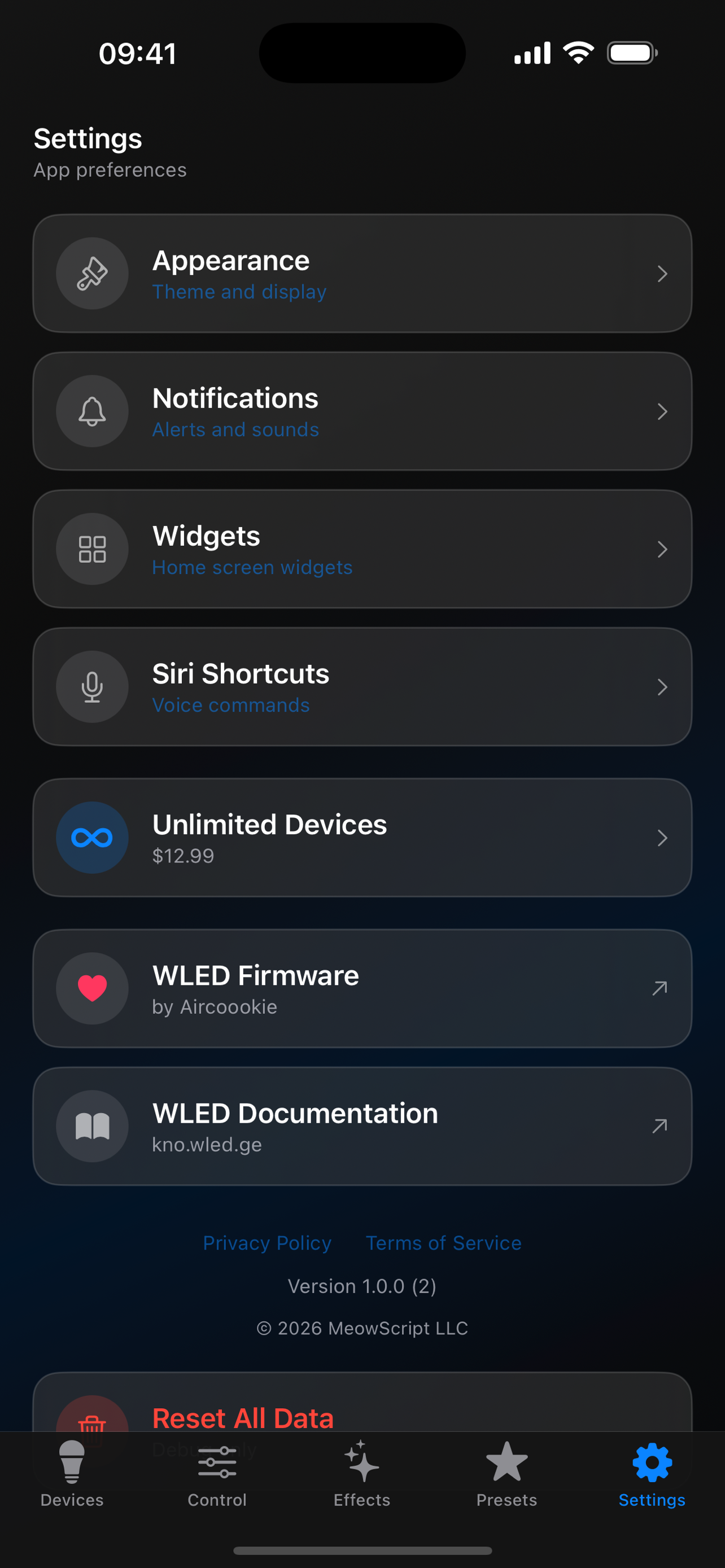 WLED Max settings with Siri Shortcuts (iOS), widgets, and appearance customization