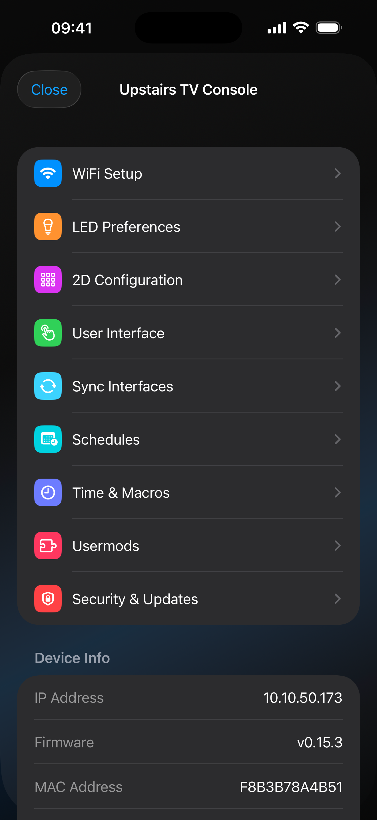 WLED Max native device settings on iPhone showing Wi-Fi, LED Preferences, 2D Configuration, Sync, Schedules, Time, Usermods, Security